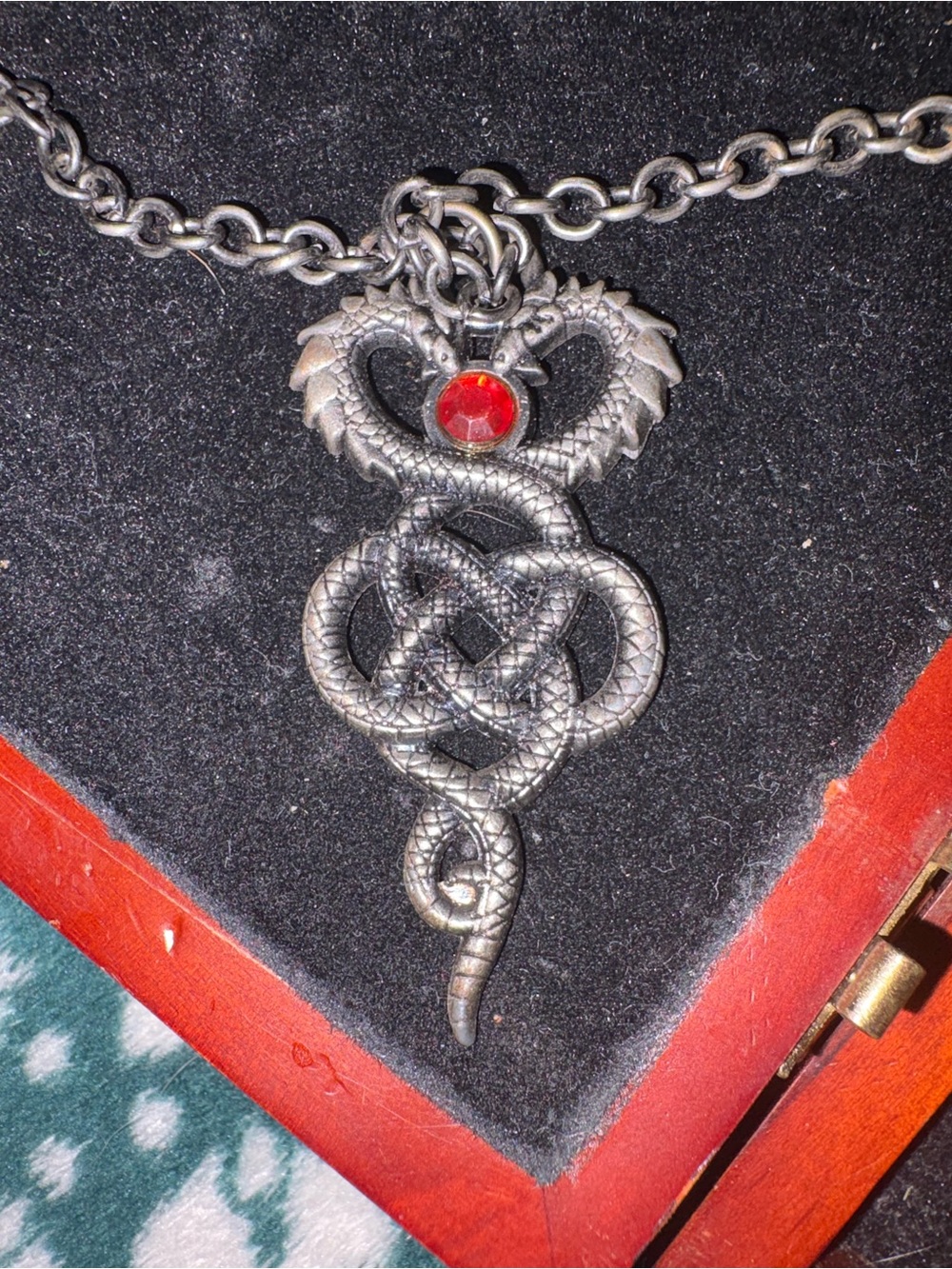 Gothic Double-Headed Snake Pendant Necklace with Red Stone